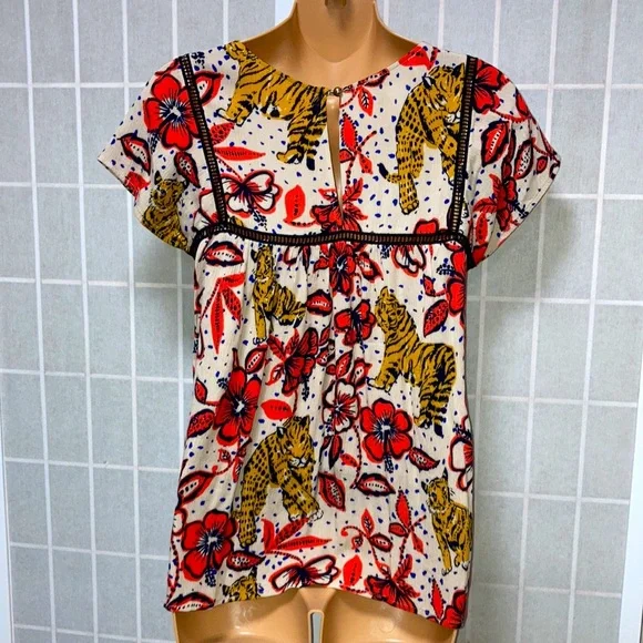 Coreylynncalter ANTHROPOLOGIE Tiger &Tropical Floral Print Summer Tunic Top XS - Picture 6 of 10